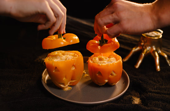 Pumpkin peppers stuffed with Proper Good Chicken Alfredo Pasta 