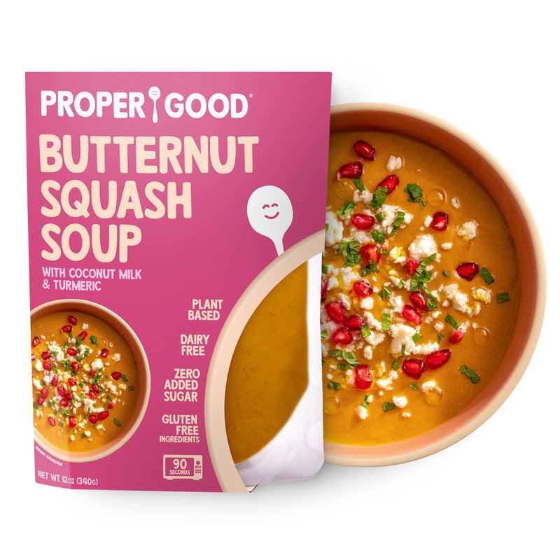 Decorated Butternut Squash Soup in Bowl and in Pouch - Eat Proper Good