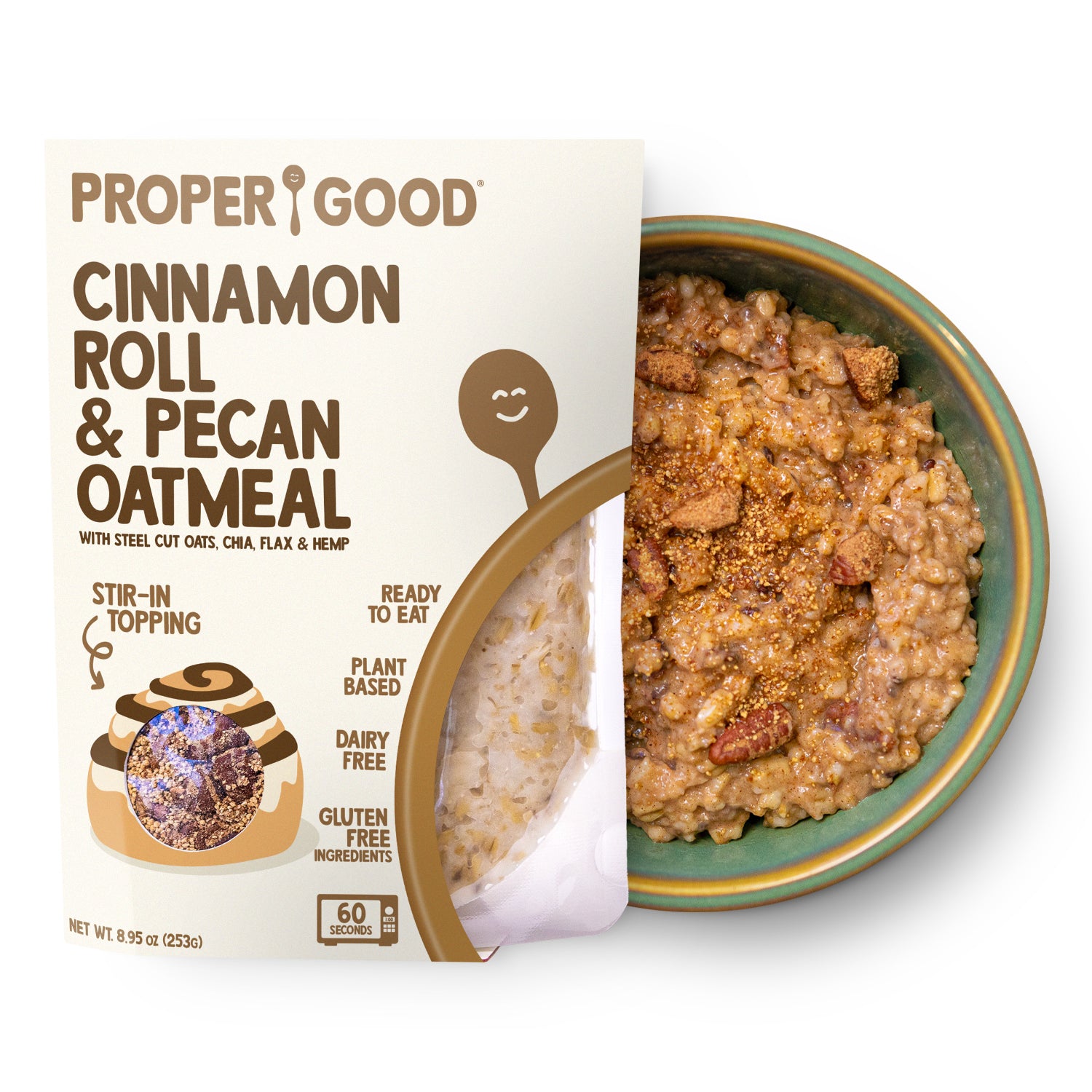 Cinnamon Roll & Pecan Oatmeal in Bowl and in Pouch - Eat Proper Good