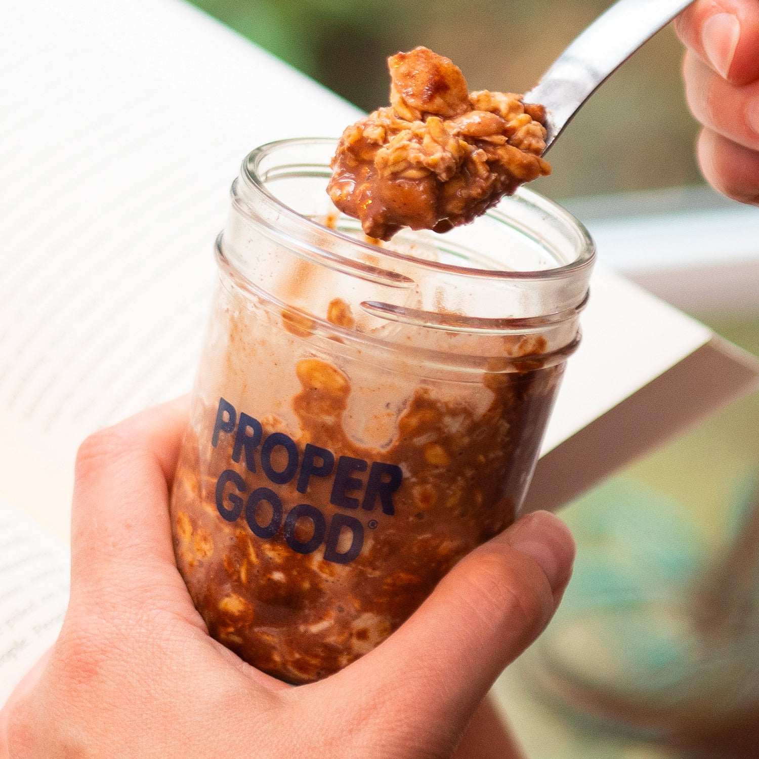 Chocolate Peanut Butter & Banana Overnight Oats in Jar with Spoon - Eat Proper Good