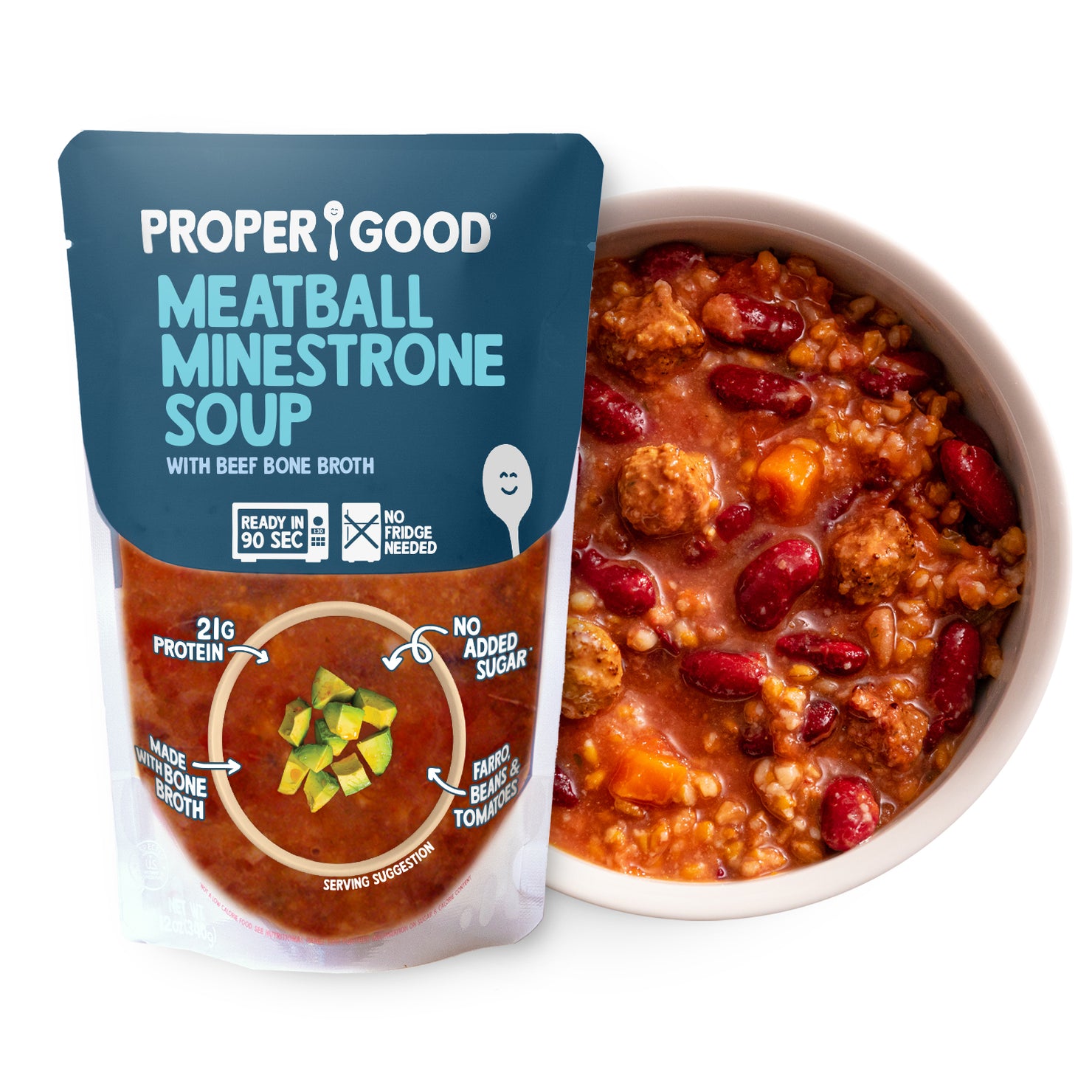 Meatball Minestrone Soup in Bowl and in Pouch - Eat Proper Good